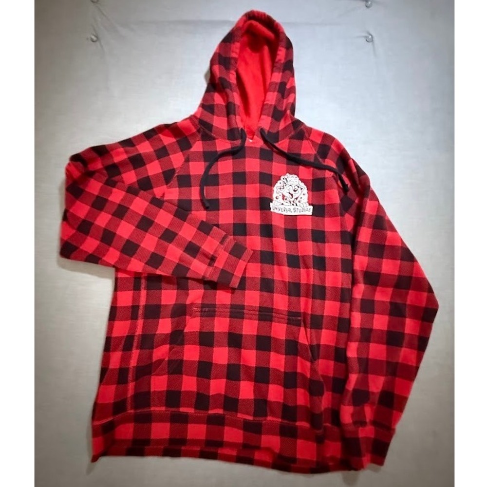 Universal Studios Merry & Nutty Plaid Hoodie L Red‎ Black Long Sleeve Sweatshirt